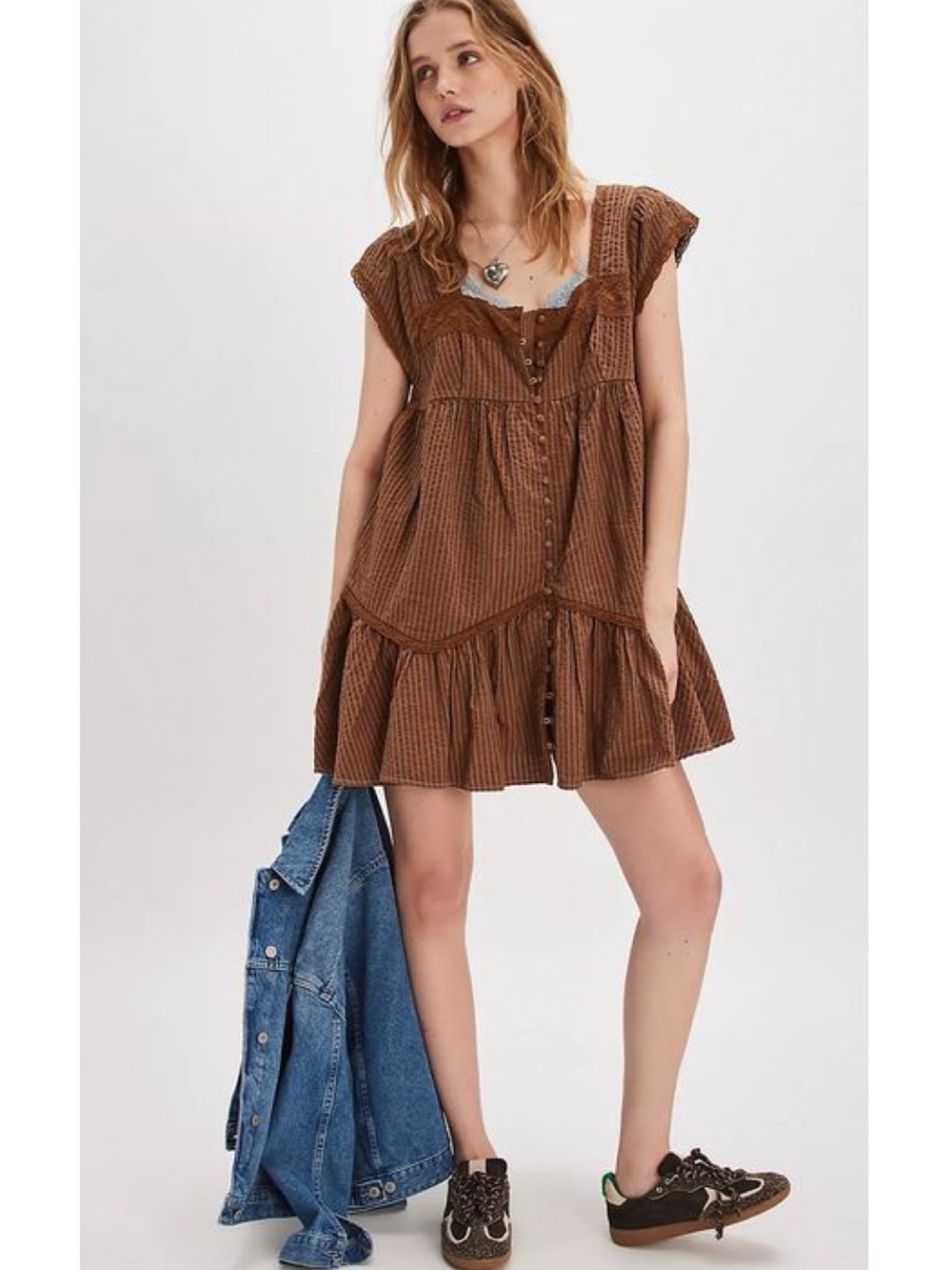 Free People Alessia Babydoll Mini Dress Brown Stripe